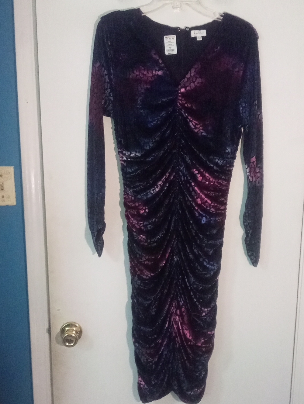 Nicole Miller Velvet Ruched Long Sleeve Dress in Deep Purple Size 10 NQT $89